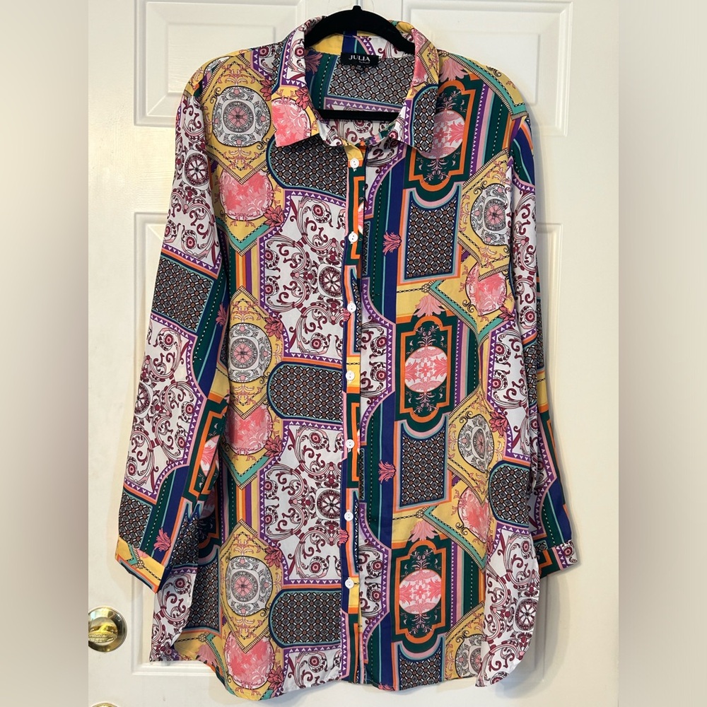 Retro patchwork button up top, size 1X